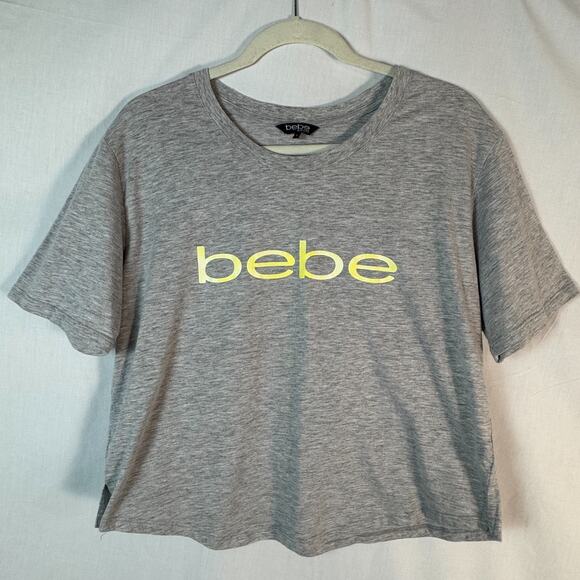 Bebe sport crop top tee T-shirt graphic size Large L Gray and Yellow color - Picture 1 of 7